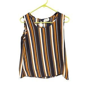 Free Kisses Women Mustard Navy White Striped Sleeveless Keyhole Back Blouse Lg